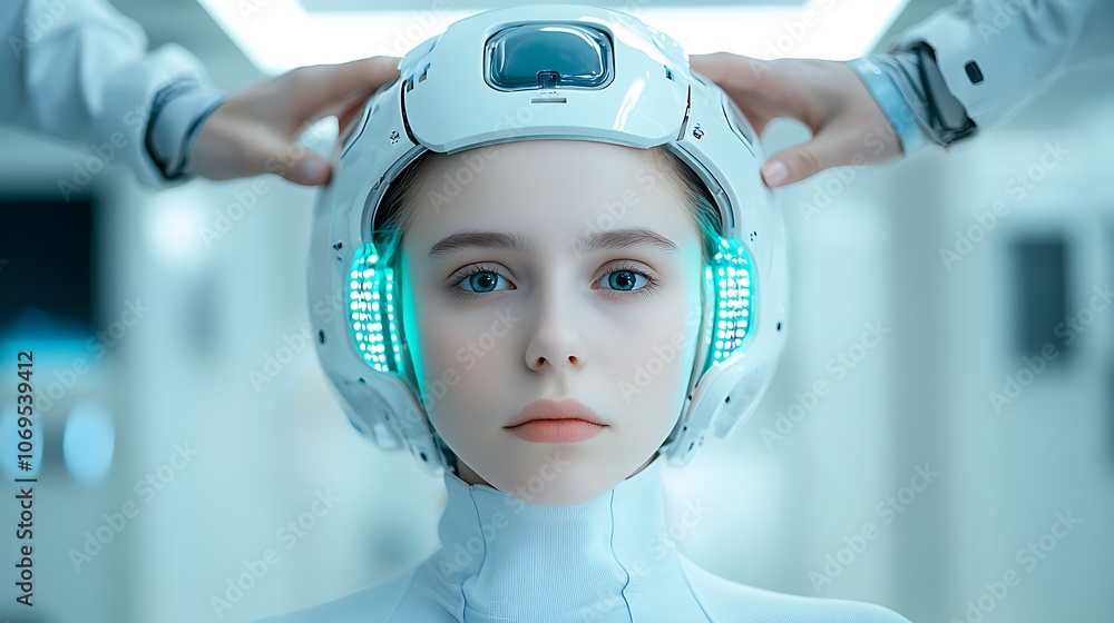 Poster futuristic technology transforms human interaction with advanced neural headset design