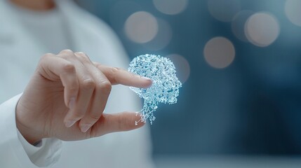 Close-up of hand touching glowing 3D human head, futuristic digital interface, artificial intelligence concept, modern technology innovation, virtual data visualization, creative tech design

