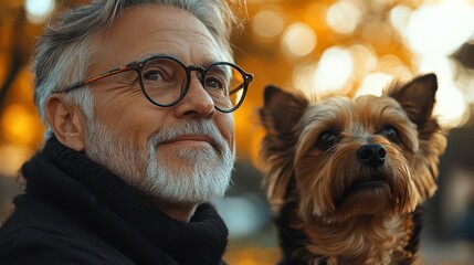 a heartwarming portrait of a happy senior man in eyeglasses, enjoying a sunny day in the park with his loyal dog by his side, capturing joy and companionship in golden years