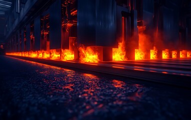 An industrial scene showcasing glowing molten materials, with vibrant orange heat and a wet floor reflecting the intense environment.