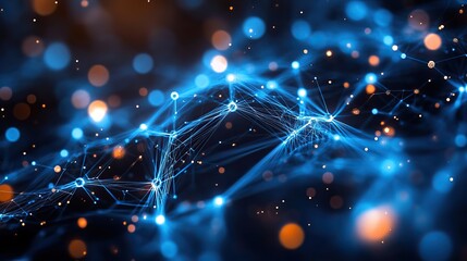 A dark black background is adorned with blue abstract lines, representing connections in internet networks and advancements in AI big data communication technology.