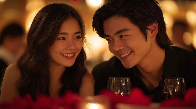 Asian couple having romantic dinner, celebrating Valentine's Day