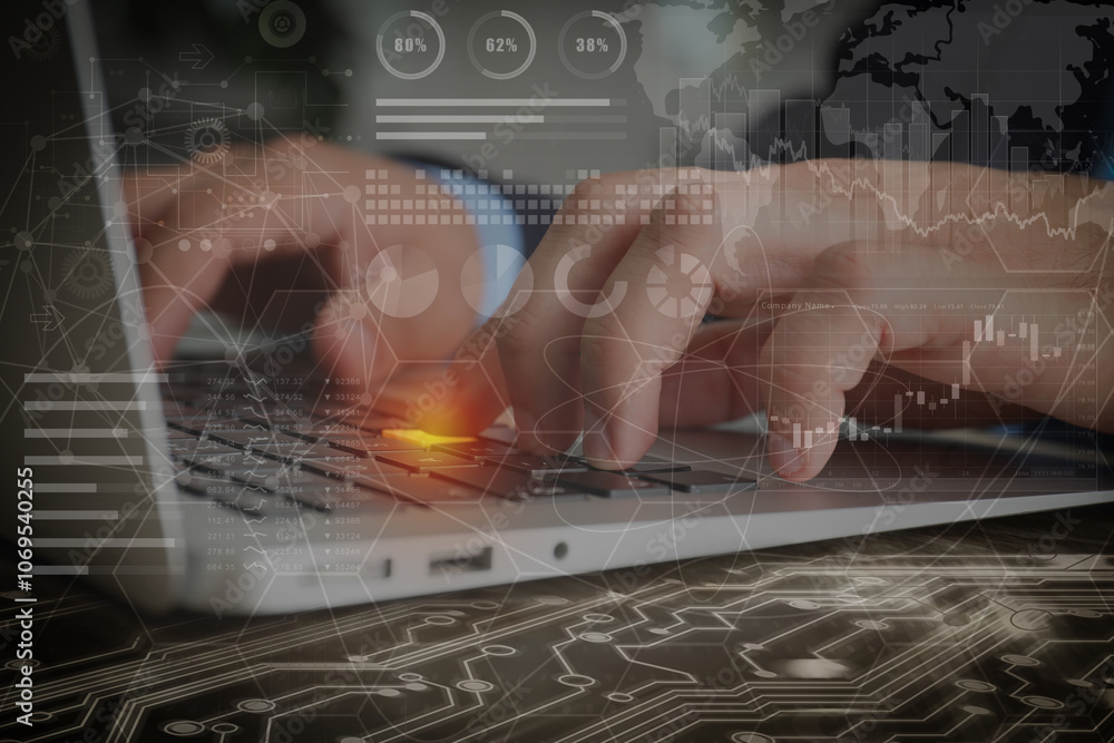 Aufkleber technology and business. man working on laptop at table and graphs with schemes, double exposure