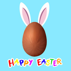 Happy Easter. Chocolate egg with bunny ears on light blue background