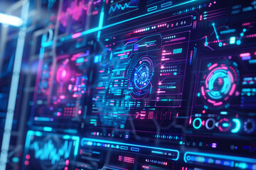 Obraz premium Abstract visualizing futuristic technology and cybersecurity solutions with graphs, sensors data, and monitoring metrics. Glowing circular elements. 