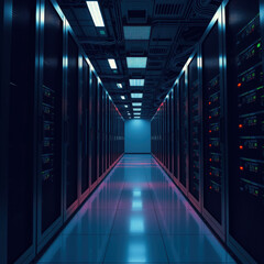 Fototapeta premium Modern Data Center Room with Illuminated Server Racks in a High-Tech Environment