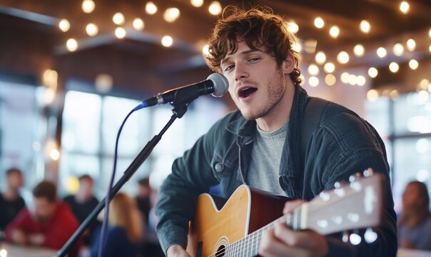 Young musician singing and playing acoustic guitar in a bar.