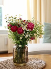 Beautiful ranunculus flowers and chamomiles in vase on table indoors
