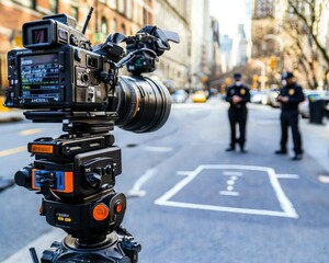A camera on a tripod captures two police officers in an urban setting, showcasing street life and public safety dynamics.