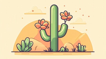 Minimalistic Cactus with Blooming Flowers in Desert