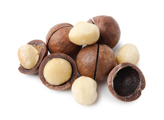 Macadamia nuts with shells isolated on white