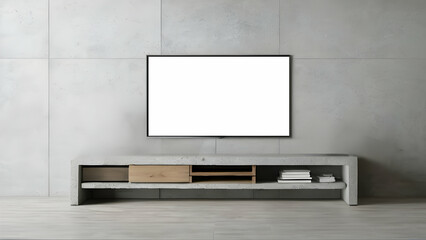 Minimalist living room with a concrete TV cabinet and blank TV screen, perfect for advertising displays and mockups.