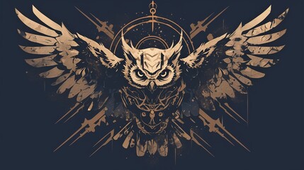 Fototapeta premium A stylized owl illustration with wings spread, featuring intricate designs and a mystical aura.