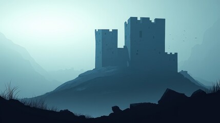 Fototapeta premium Mystical Castle on Misty Hill with Dramatic Lighting