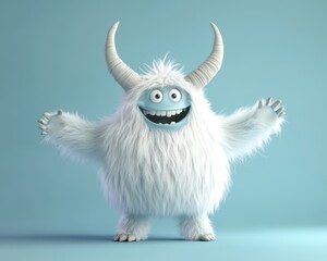 3d rendered hairy cartoon yeti monster character with big horns standing on two legs smiling