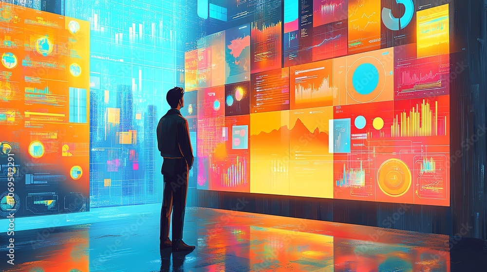 Poster A businessman stands in front of a wall of data screens, analyzing data and charts.