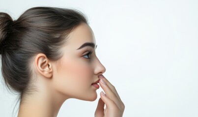 Naklejka premium A beautiful young woman touches her nose with a hump on a white background in this profile portrait