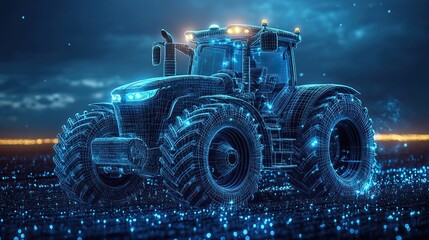A farm tractor is presented in a 3D vector illustration using wireframe technology, showcasing the technological advancements in agriculture and machinery for farming industries.