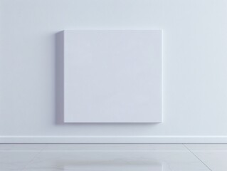 Square white canvas with blank surface, clean white wall backdrop, modern minimalistic setup, simple and spacious design, light reflecting floor

