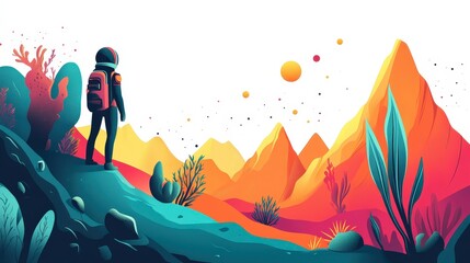 Fototapeta premium Colorful Alien Landscape with Space Explorer
