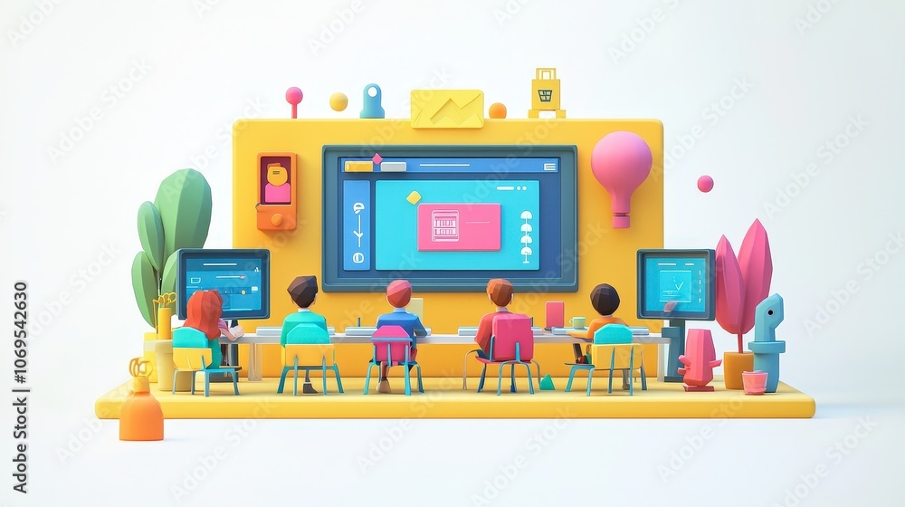 Poster virtual classroom with students in a futuristic setting