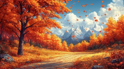 a stunning autumn landscape, rich with warm orange and red hues, as leaves gracefully fall from trees, creating a picturesque scene of nature's beauty in the woods