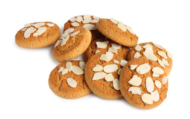 Tasty cookies with almond flakes isolated on white