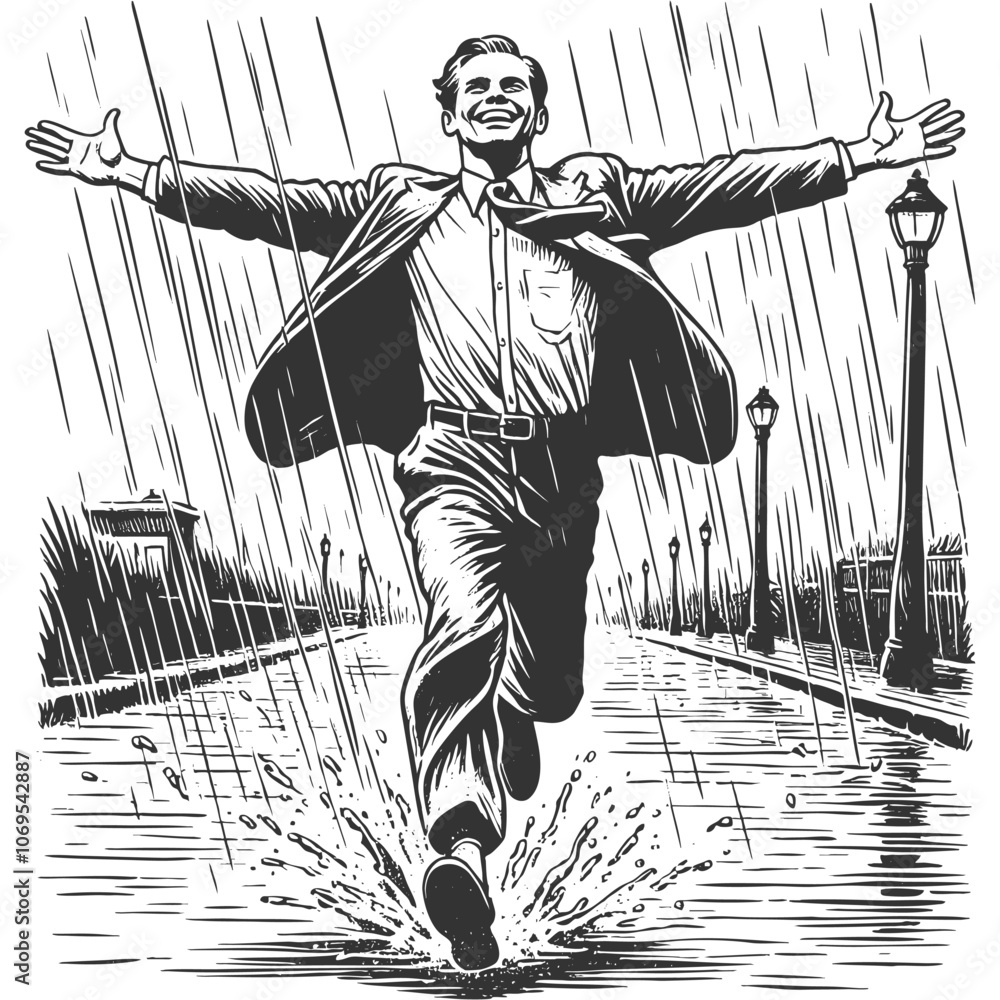 Poster man in suit running joyfully through the rain, expressing freedom and happiness in an engraved style