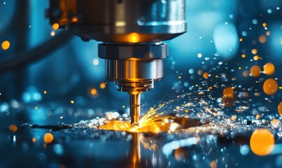 A close-up view of a precision CNC machine milling a complex metal part in an industrial workshop during the daytime