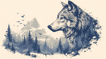 A stylized wolf's head against a mountainous landscape with trees and birds.