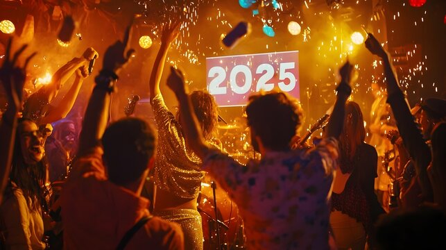 Electrifying New Year s Eve concert scene with a live band performing on stage the year 2025 projected on the screen and a cheering