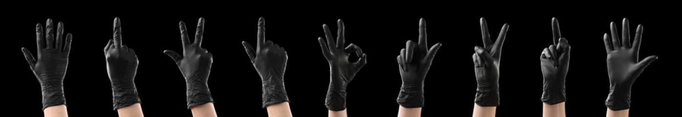 Hands in black gloves showing different gestures on black background, collage