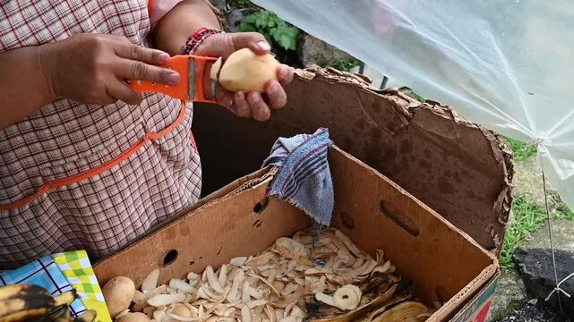Detail of hands peeling potatoes at a Mexican street food stand