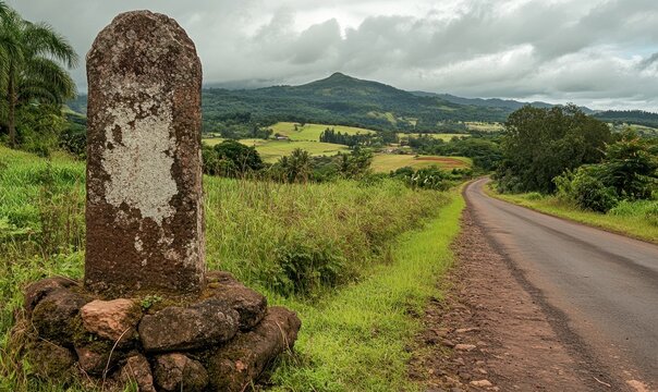 A charming roadside milestone against a scenic backdrop of open road and lush landscape, capturing the journey ahead