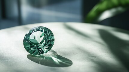 A lustrous green gem glimmers softly against a pristine backdrop, highlighting its masterful cut and opulent allure.