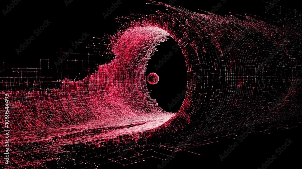 Poster futuristic red wireframe tunnel with sphere in black void