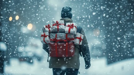 Naklejka premium A man wearing a winter jacket, hat, and carrying a red backpack walks through the falling snow, carrying a stack of wrapped gifts with red ribbons.