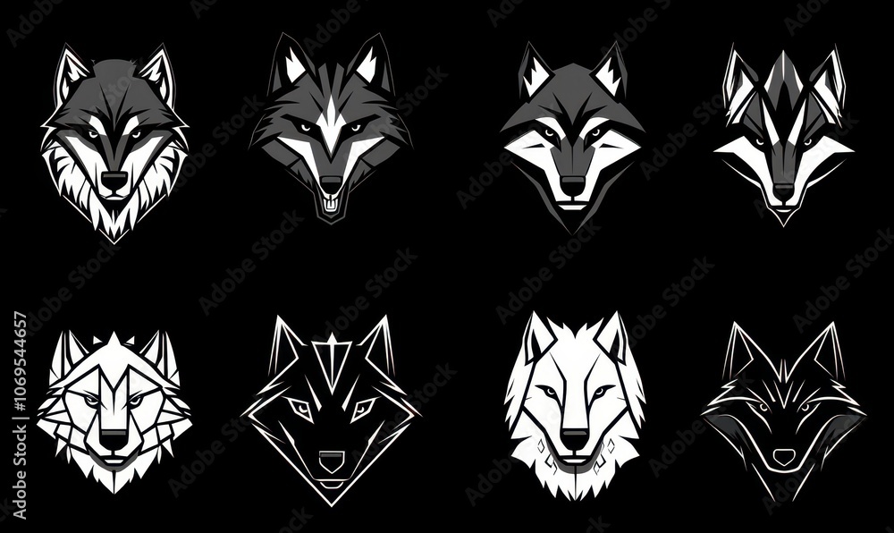 Poster a minimalist logo collection showcasing a stylized wolf's head with sharp lines and bold geometric f