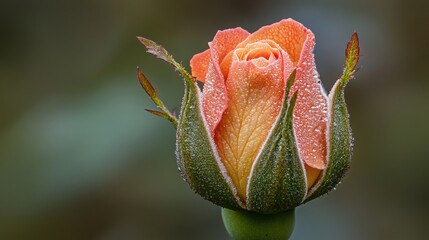 Dew-covered orange rosebud in a lush garden during early morning hours