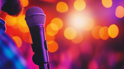 Obraz premium Close-up of a microphone on stage with a blurred background of colorful lights.
