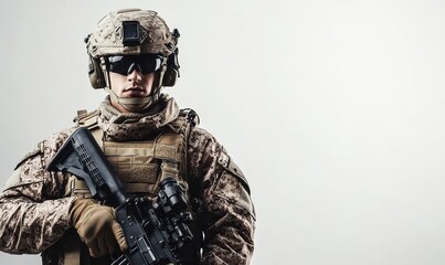 A military-inspired poster design featuring a camouflage motif and generous blank areas for text and images, all set against a clean white backdrop.