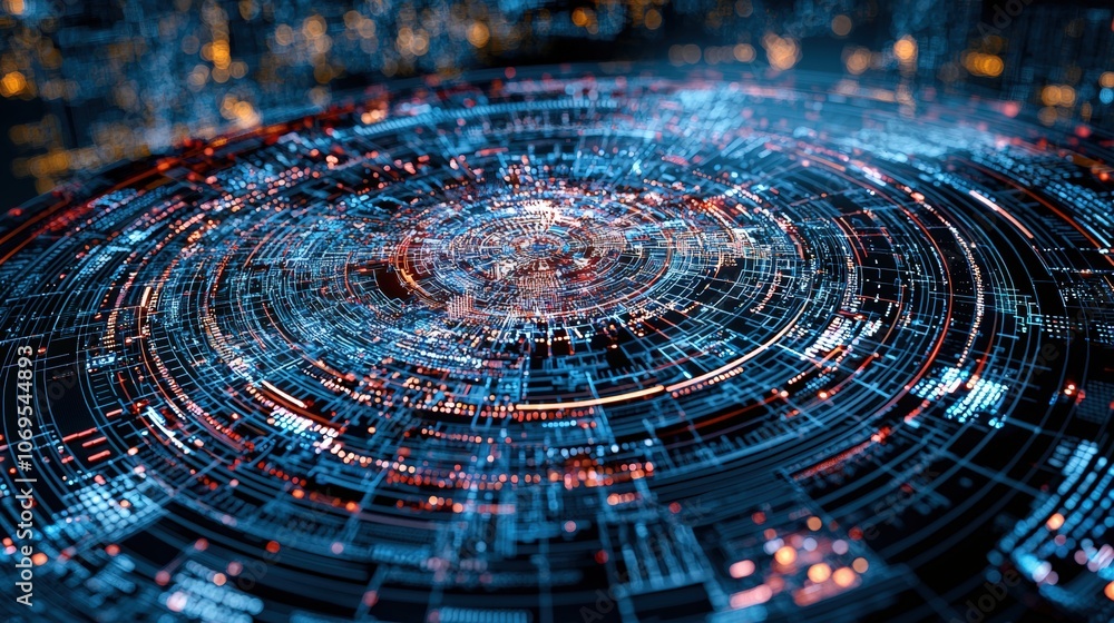 Poster futuristic digital network: abstract circular circuit board with glowing data