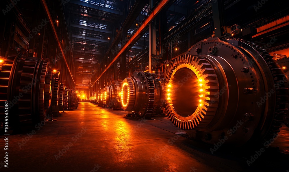 Poster a dimly lit industrial space features large machinery with glowing orange elements, creating an atmo