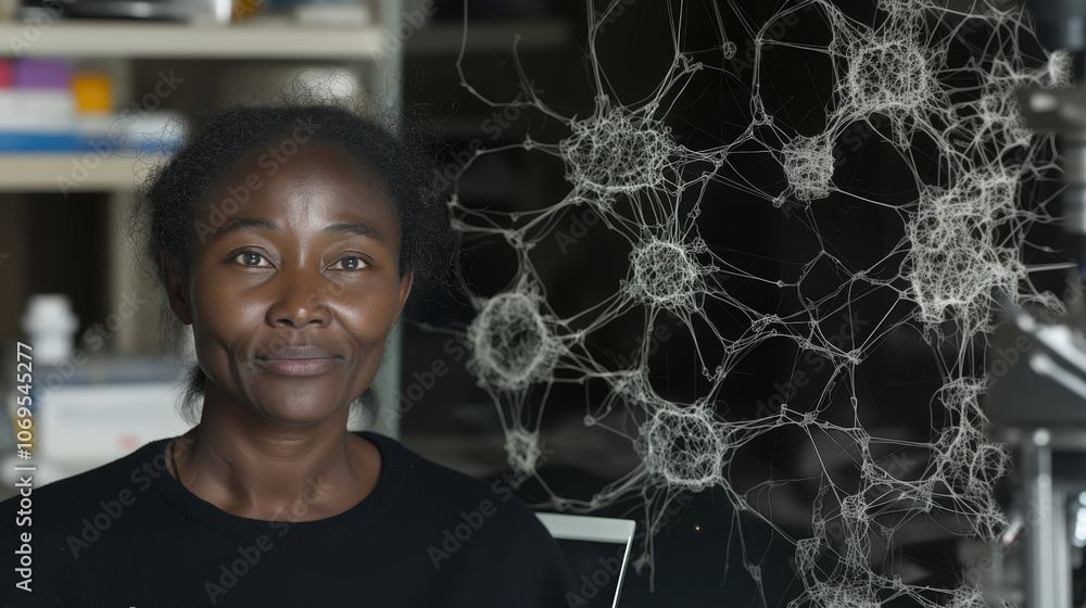 Poster scientist in lab with intricate network model reflecting scientific creativity