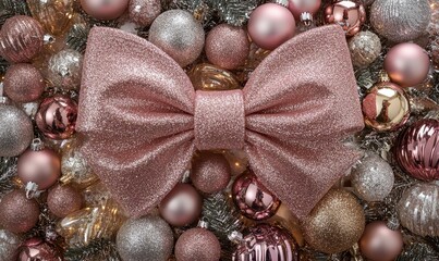 Obraz premium A pink glittery bow surrounded by sparkling ornaments, capturing a festive, glamorous holiday ambiance