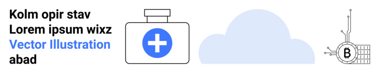 Medical kit with first aid cross, light blue cloud, connected network system. Ideal for healthcare, technology, cloud computing, medical services, health apps, emergency help, wellness. Landing page