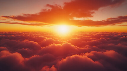 Golden sunset over fluffy clouds, casting an ethereal glow.