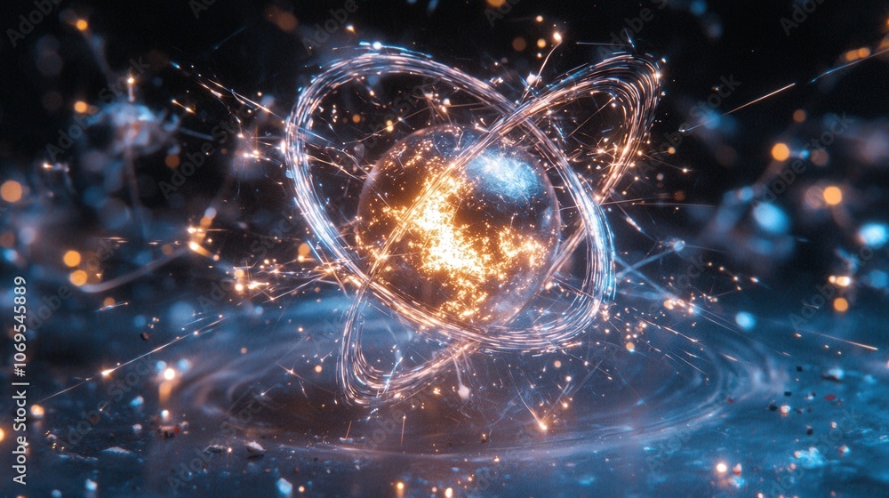 Poster glowing abstract sphere encircled by dynamic energy and light trails