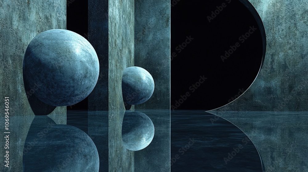 Poster abstract geometric structure with reflections and large spheres