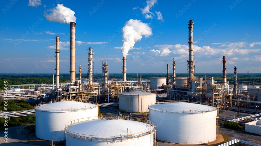 Poster aerial overhead view of a large scale oil refinery facility with multiple towering storage tanks int